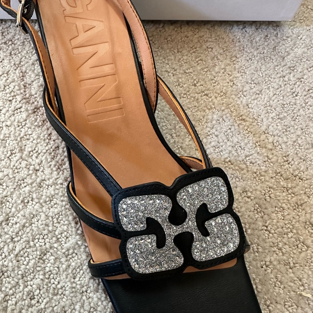 Ganni Black Leather Slingback Sandal with Silver Glitter Logo Accent